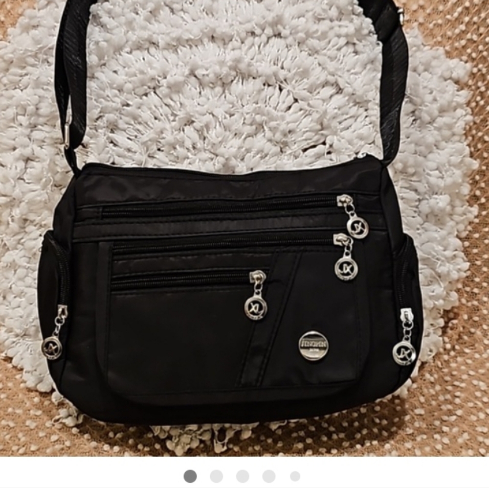 Jingpin Nylon Black Shoulder Bag Adjustable Strap  W-Silver Hardware